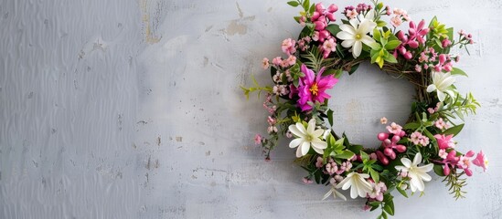 Wall Mural - Decorative Easter wreath with lovely spring flowers on a blank background ideal for copy space image