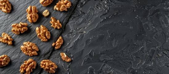 Canvas Print - A close up view of natural walnuts on a black slate surface for a healthy food concept with space for text or other elements in the image. Copy space image. Place for adding text and design