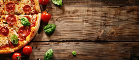 Canvas Print - Italian pizza displayed on a wooden table with copy space image