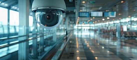 Surveillance camera in operation inside an airport terminal capturing footage copy space image