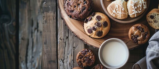 Sticker - Delicious baked goods on a wooden plate next to a bowl of milk with room for text in the picture. Copy space image. Place for adding text and design