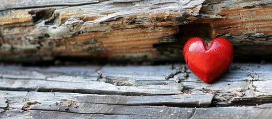 Sticker - Valentine s Day concept with a single red heart in a rustic wooden crevice creating an ideal copy space image