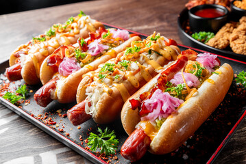 Wall Mural - A platter of four gourmet hot dogs with various toppings and sauces, served with a side of sauce.