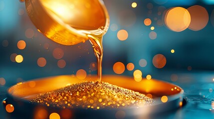 Wall Mural - Molten gold being poured, creating a mesmerizing cascade of glowing liquid against a background of sparkling bokeh lights.