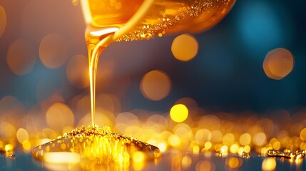 Wall Mural - Golden liquid flowing smoothly from a container, surrounded by warm, glowing bokeh lights that enhance its radiant appearance.