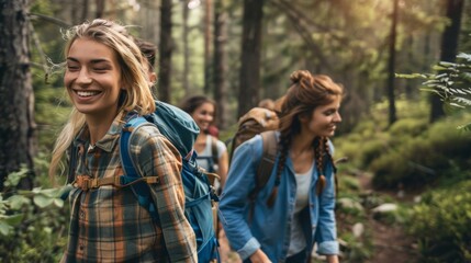 A group of friends hiking through a scenic forest trail, enjoying nature and each other's company