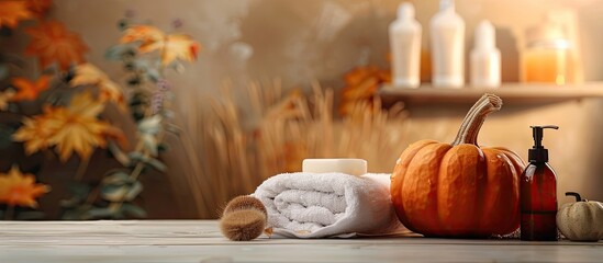 Poster - Pumpkin near skin care items and towel in a spa setting with copy space image