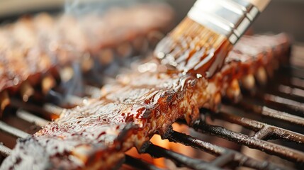 Wall Mural - Close-up shot of a brush applying barbecue sauce onto ribs being grilled, highlighting the mouthwatering details and smoky aroma of the perfect summer barbecue treat.