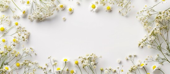 Canvas Print - Flat lay top view of a square frame wreath pattern featuring Chamomile and Gypsophila among other flowers on a white background creating space for adding images. Copy space image