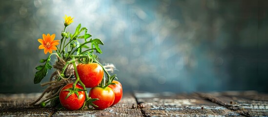 Canvas Print - Young tomato plant with flowers tied for support Vegetable gardening concept Copy space image