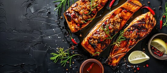 Poster - Top view of grilled king klip and congrio with teriyaki sauce on a black background featuring ample copy space image