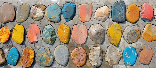 Poster - colorful stones carefully arranged in rows on a cement wall with copy space for a background or text