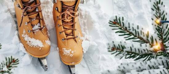 Wall Mural - Festive greeting card featuring wooden skates on snowy backdrop with ample copy space image Flat lay and top view included
