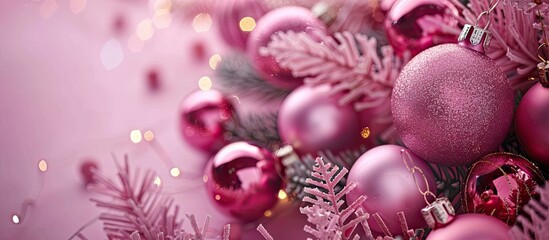 Wall Mural - Holiday backdrop featuring pink Christmas decorations and a blank space for text or images. Copy space image. Place for adding text and design