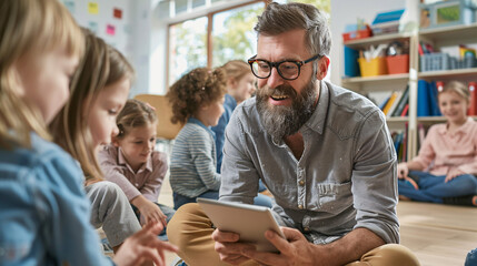 7. Dedicated educator using a digital tablet to demonstrate a lesson to curious elementary kids 