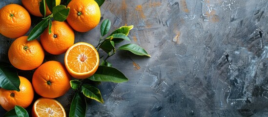 Poster - A vibrant arrangement of fresh juicy oranges on a table with copy space for text showcasing these healthy fruits