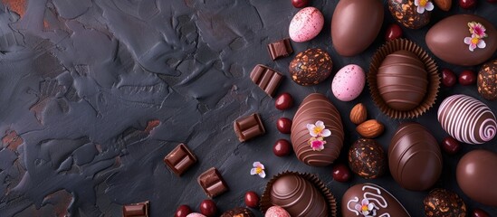 Poster - Background with a menu concept showcasing chocolate egg and candy Easter decorations viewed from the top with copy space image