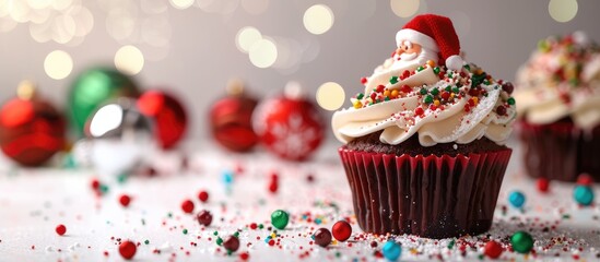 Sticker - Christmas chocolate cupcake with red green and white candy sprinkles featuring Santa and ball ornaments blur in the backdrop against a white copy space image