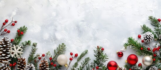 Wall Mural - A Christmas themed border with festive decorations and a pine tree on a white stone backdrop with room for additional content in the picture