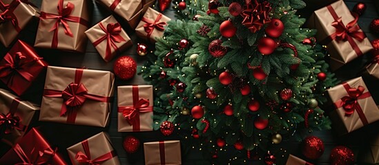 Wall Mural - A festive Christmas tree adorned with red ornaments surrounded by a border of gift boxes leaving room for additional elements in the image