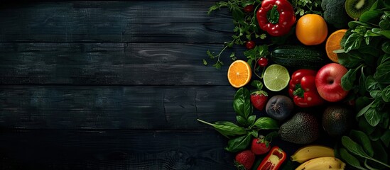 Wall Mural - Fresh fruits and vegetables displayed on a dark wooden surface from a top down perspective creating a visually appealing composition with room for additional content copy space image