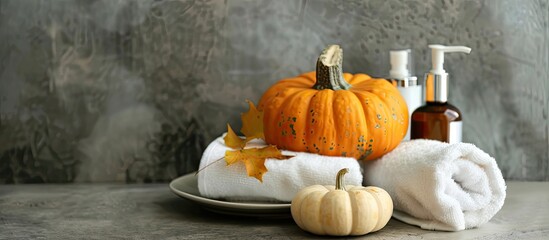 Canvas Print - Pumpkin near skin care items and towel in a spa setting with copy space image