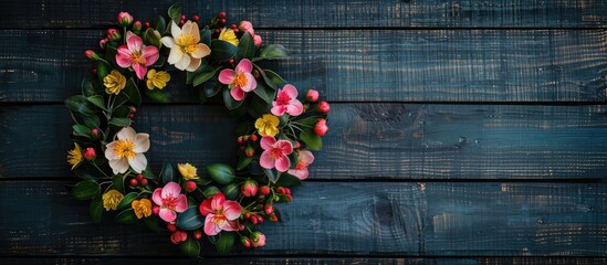 Sticker - Top view of spring flowers from fruit trees arranged in a wreath on a dark wooden background with copy space image