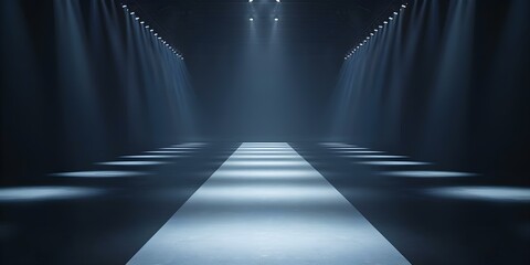 Sticker - Blue spotlights shine on empty runway blending reality and virtual fashion. Concept Fashion Photography, Virtual Runway, Blue Spotlight, Creative Concept, Reality Blend