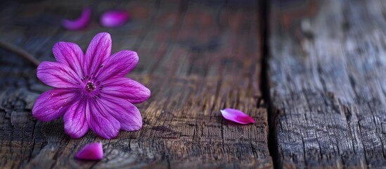 Wall Mural - A purple bloom on a wooden surface with copy space image