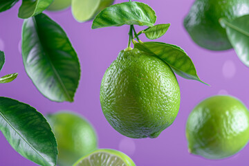 Wall Mural - Fresh Green Limes with Leaves on a Purple Background Vibrant and Refreshing Citrus Fruits