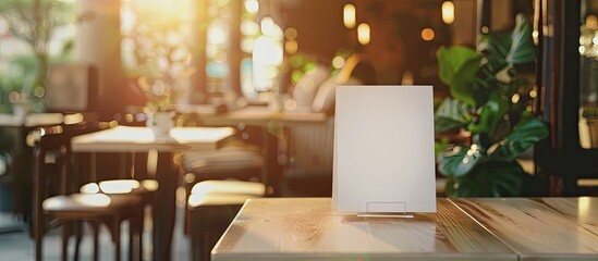 Poster - White label mockup for a menu frame in a cafe Booklet stand with sheets tent card on table Blurred background for customer text with copy space image provided