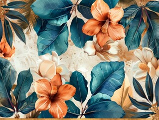 Wall Mural - Tropical Leaf and Flower Design