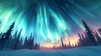 Sticker - Northern Lights Over Snowy Forest.