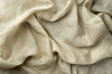 Aufkleber - Beige linen fabric texture close-up. Folded fabric reveals intricate details and folds. Soft focus background highlights fabric subtle sheen. Perfect for design, photography, or graphic projects.