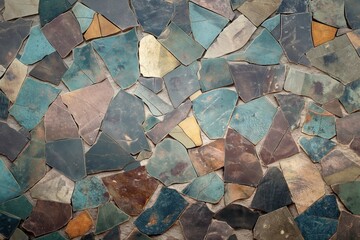 Leinwandbilder - Mosaic art piece composed of blue and green tiles on beige background. Close-up view showcases overlapping pattern creating depth. Perfect for interior design, home decor, or artistic inspiration.