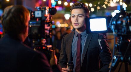 Wall Mural - A man in a suit and tie is being interviewed by the camera at night. He has short hair with a side parting hairstyle. He is wearing black dress shoes. There is an elegant microphone next to him