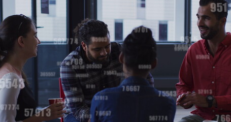 Poster - Image of changing numbers over diverse coworkers having coffee break and talking in office
