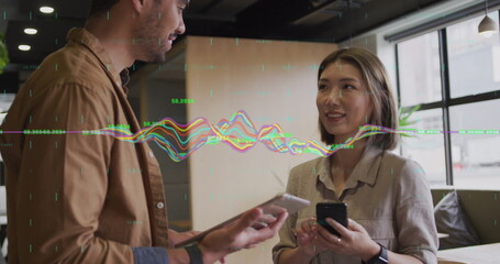 Poster - Image of multiple graphs, numbers, diverse coworkers talking while using cellphone and tablet