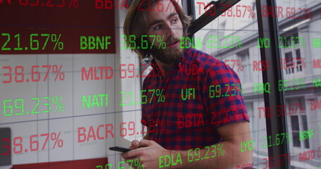 Poster - Image of trading board on grid pattern over caucasian man using cellphone in office