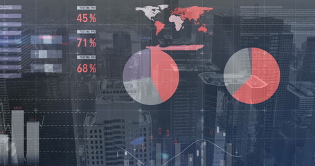Poster - Image of infographic interface moving over aerial view of modern skyscrapers in city