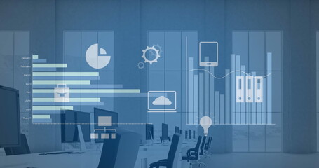 Wall Mural - Image of statistical data processing and digital icons against empty office