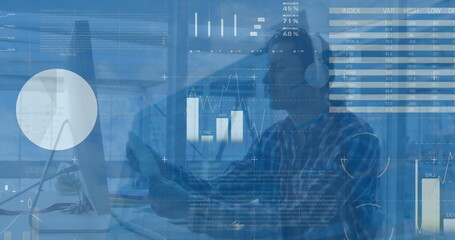 Aufkleber - Image of data processing over caucasian man wearing headphones using computer at office