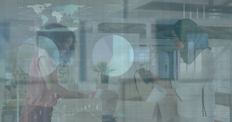 Poster - Image of statistical data processing over two diverse women removing items from boxes at office