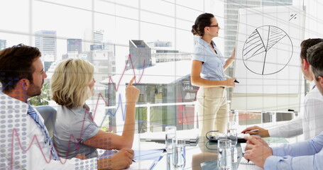 Poster - Image of data processing over caucasian businesswoman giving a presentation at office