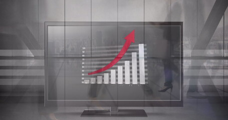Poster - Image of statistical data processing over computer screen against people walking at office