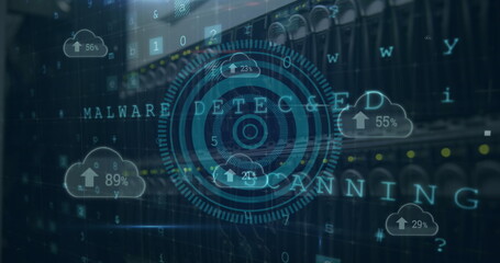 Poster - Image of circles, texts, letters, symbols, arrows, numbers in clouds, back panel of server rack