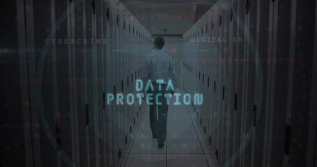 Poster - Image of data protection text, fingerprint, icons over rear view of man walking in server room