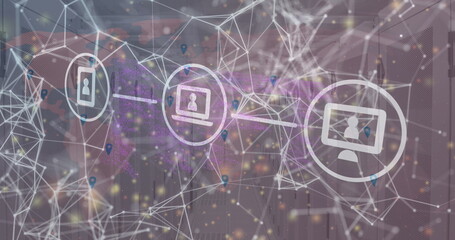 Poster - Image of icons in circles, navigation pin over connected dots forming shapes against server room
