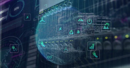 Poster - Image of icons, computer language, connected lines over globe against back panel of server rack