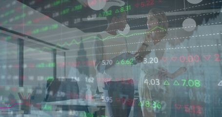 Poster - Image of financial data processing over diverse businesswomen